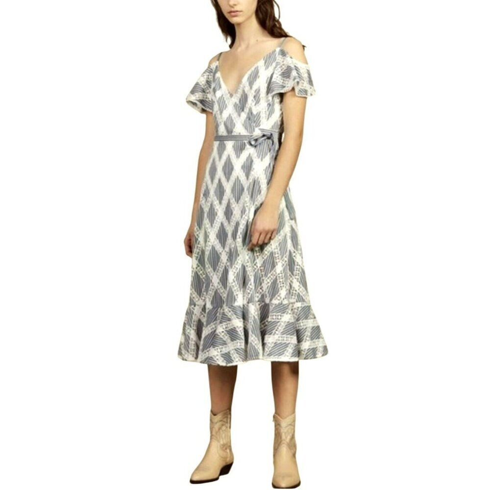 Sandro Lace Striped Off Shoulder Midi Ruffle Dress NWT $345 Sz L 40